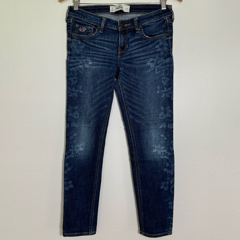 Hollister Floral Print Dark Wash Stretch Denim Ankle Cropped Jeans, 27